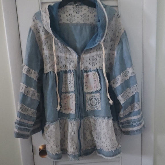 POL Jackets & Blazers - POL Lace-Trim Hooded Patchwork Jean Jacket in Light Blue and Cream